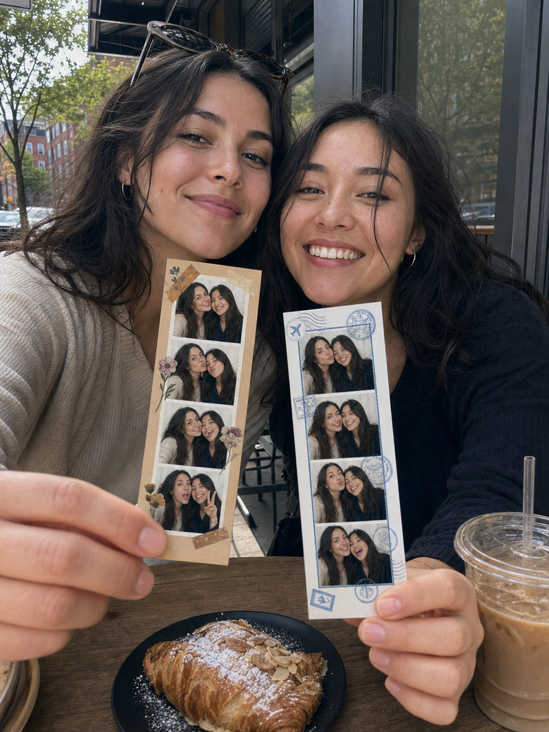Friends holding two different Photo Cat photobooth strips at a cafe