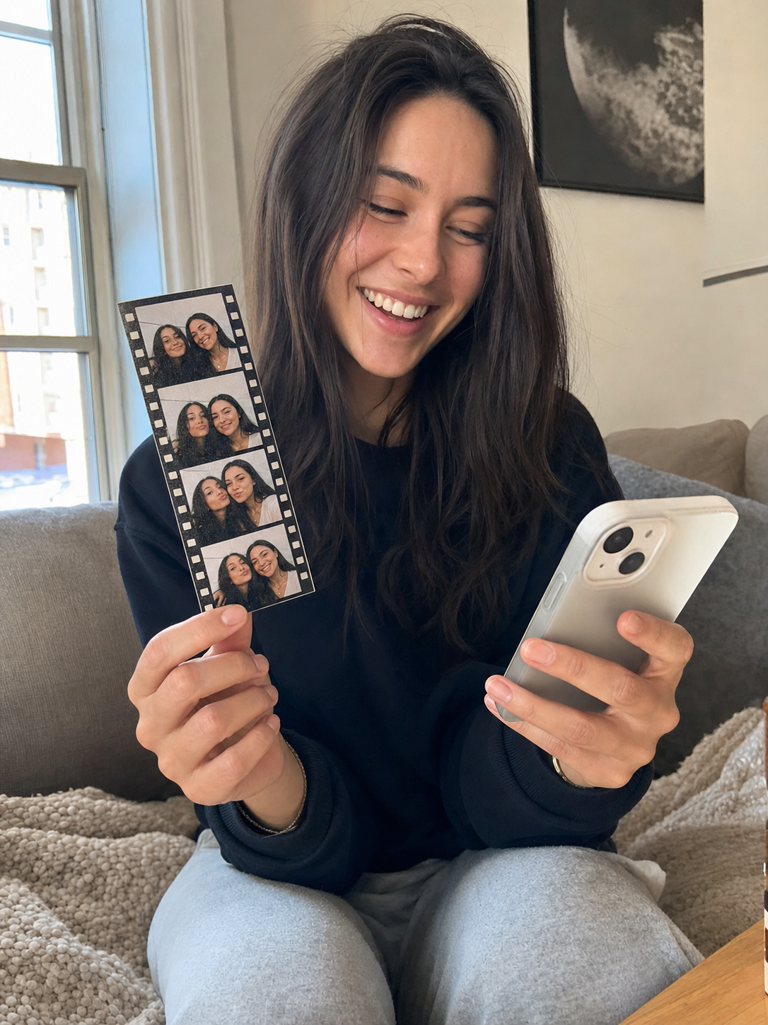 Customer holding a framed Photo Cat photobooth strip at home