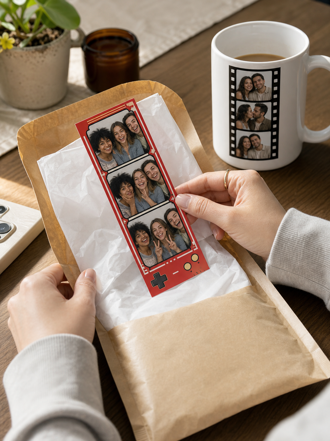 Customer opening a Photo Cat strip with a printed mug on the table