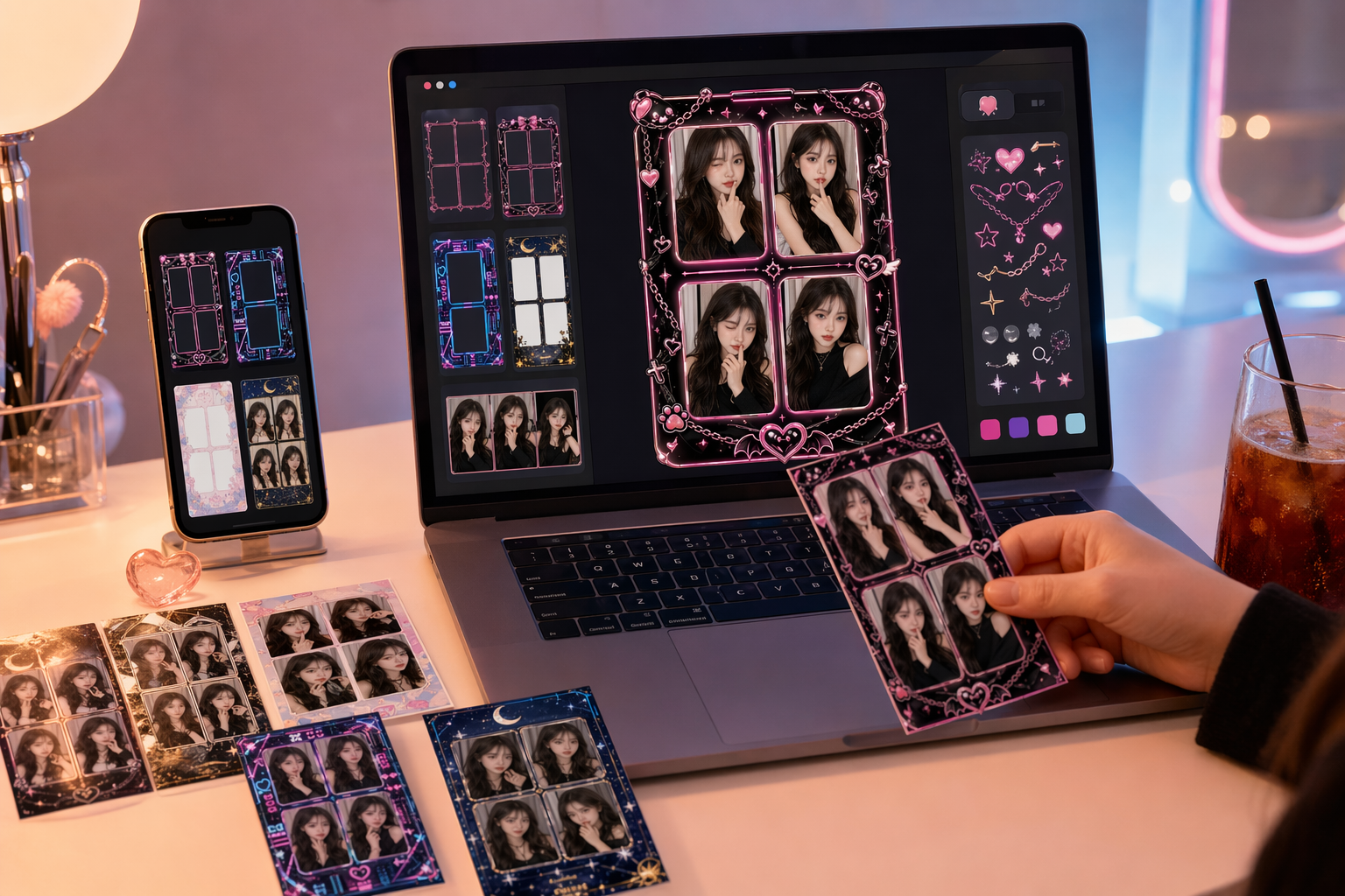 Photo Cat promotional desk scene showing the app and printed photo strips