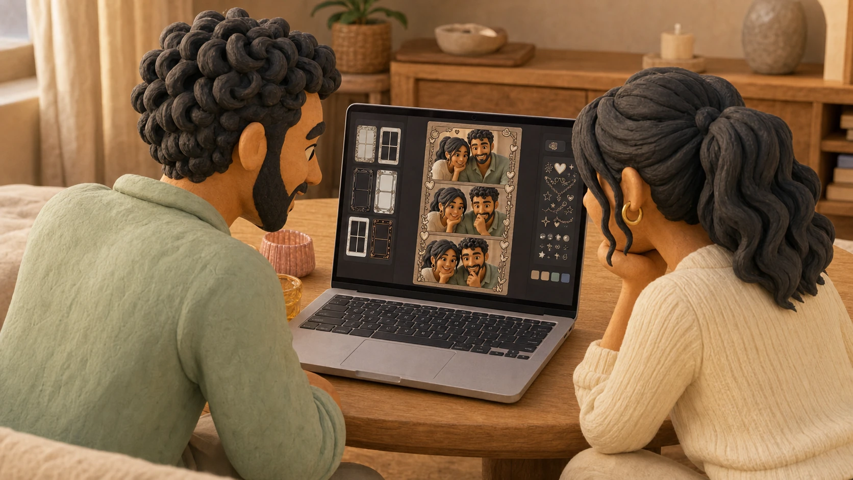 Stylized friends reviewing their browser photo-booth portraits