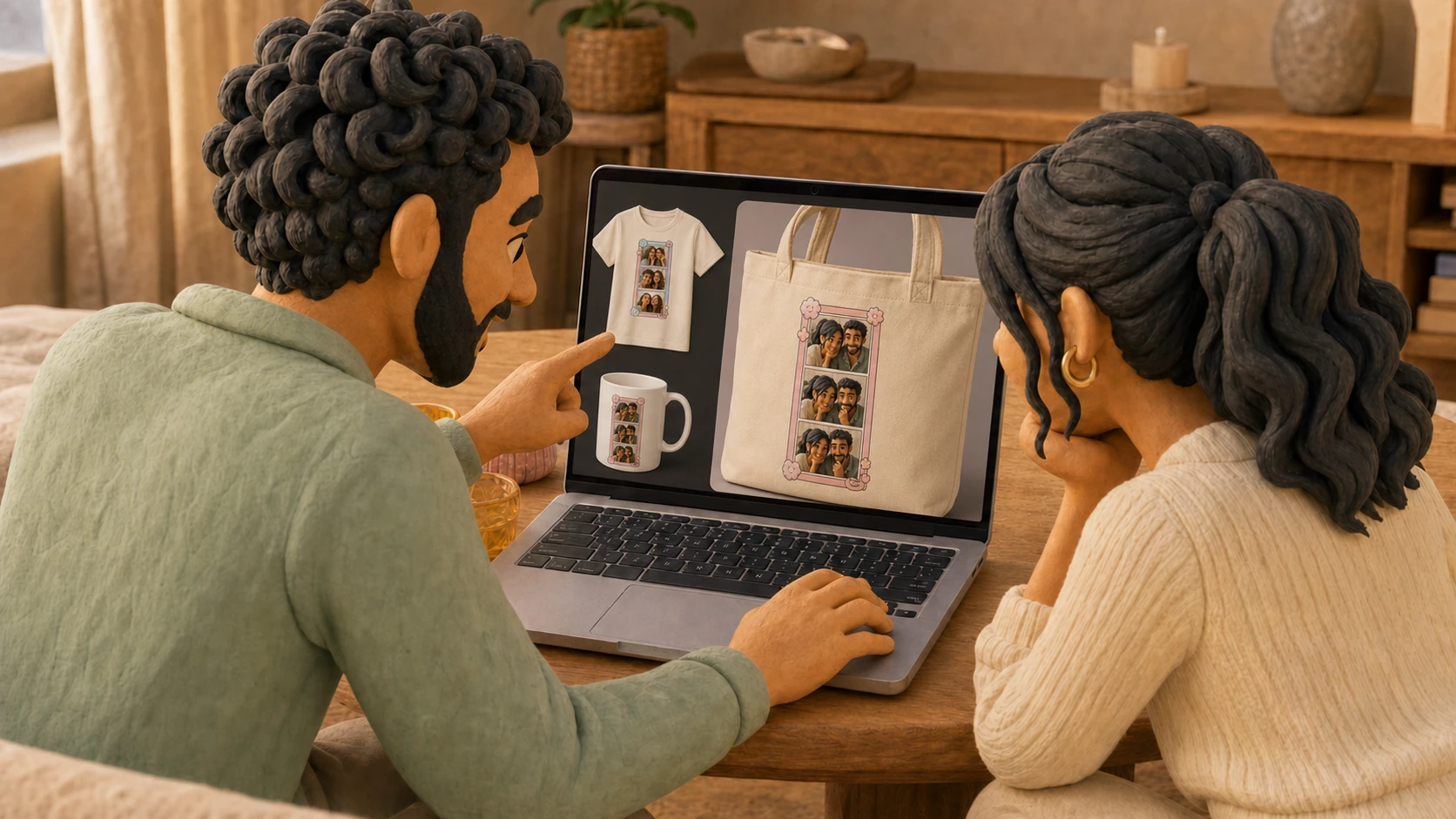 A stylized browser preview of a photo strip on a tote, shirt, and mug