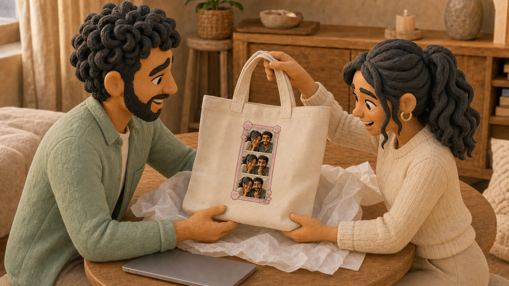 Stylized friends sharing a finished Photo Cat tote